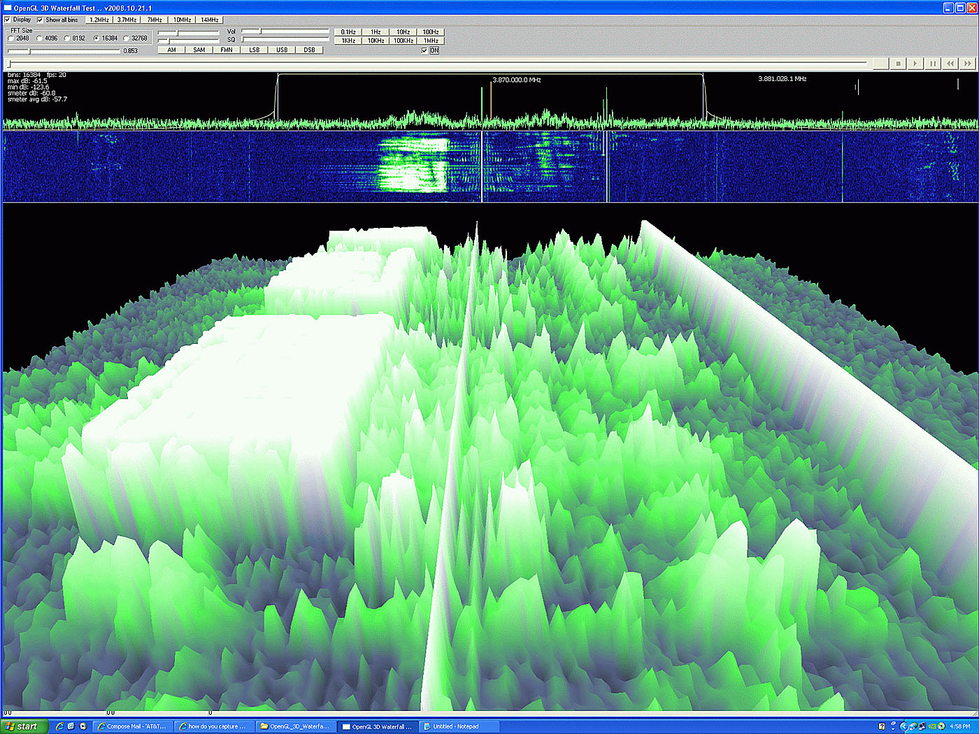 Тест водопад. OPENGL. Возможности OPENGL. Анализатор спектра на OPENGL водопад. SDR Waterfall.